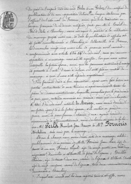 24 avril 1877 : suite de l'acte de mariage de Humbert Perla et Micheline Fornéris
